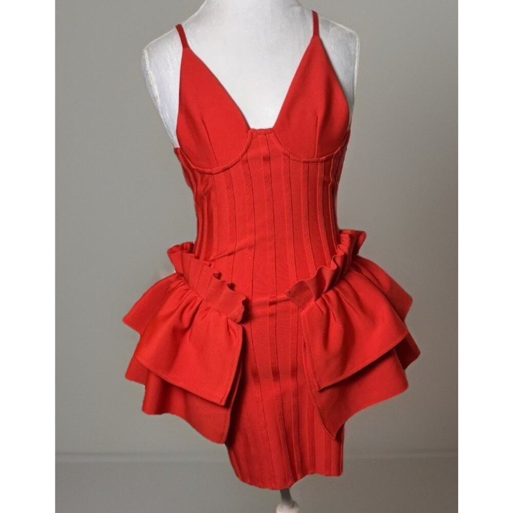 Red Corset Style Exaggerated Peplum Dress | Vegas | Structural | 80s Retro Vibe
